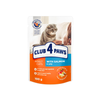 CLUB 4 PAWS Premium pilnvērt.kons.barība kaķiem ar lasi želejā 100g(1/24)